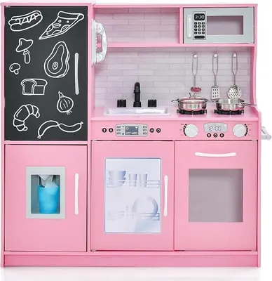 Imagen del producto de Cocina de madera para niños con accesorios, cocina de juguete de madera con horno, lavavajillas, máquina de helados, nevera y pizarra, cocina de juego para niños y niñas a partir de 3 años (rosa)