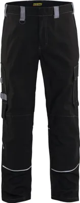 A pair of black work pants shown front-on against a white background.