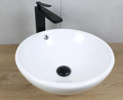 Produktbild von Keramik Waschbecken rund Ø420x170 weiß mit Überlauf Aufsatzwaschbecken mit Pop-Up Ablauf schwarz-matt