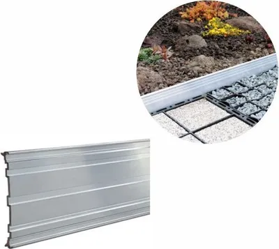 A product image showing a metal edging strip and a close-up of a garden bed with plants and gravel.