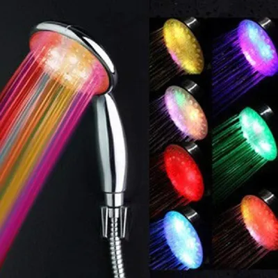A collage of images showing a LED shower head with multi-colored water streams, demonstrating different color outputs.