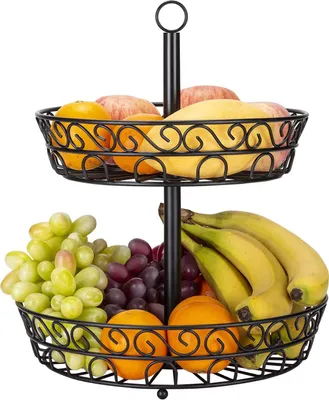 Produktbild von Obst Etagere - 2 Stöckig Obstschale Metall für mehr Platz auf der Arbeitsplatte - dekorativer Obstkorb Vintage - schwarz (35cm*30cm*36cm)