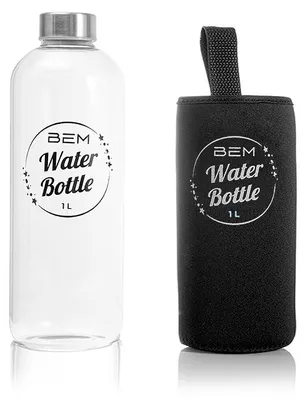 Produktbild von BEM Water Bottle - 1L Trinkflasche mit Edelstahldeckel, Glasflasche, Bruchsicher, Stoßfest