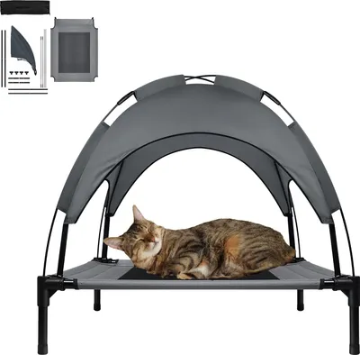 Image de YARDIN Lit pour animaux domestiques avec baldaquin, Lit surélevé pour chien, Lit pour chien de jardin avec toit, Couchage pour animaux domestiques à l'extérieur, Niche pour chiens Lit pour chats avec voile pare-soleil, Couchage pour chiens Tissu taffetas Gris, 76 x 61 x 76 cm