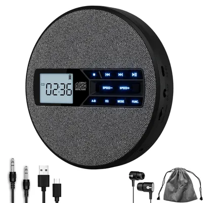 Productafbeelding van ZELURXX Draagbare CD-speler met Bluetooth, MP3/WMA-ondersteuning, CD-R/RW-functionaliteit, 1500 mAh batterij, stereo speakers, AUX-aansluiting en A-B herhalingsfunctie, grijs