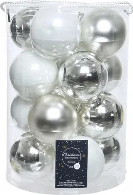 Produktbild von Set mit 16 silbernen und weißen Christbaumkugeln aus Glas 8cm