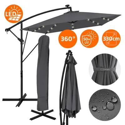 Produktbild von ML-Design Ampelschirm Ø330cm mit LED Solar Anthrazit Alu Sonnenschirm mit Kurbel Abdeckung & Ständer Sonnenschutz & wasserabweisend drehbar & neigbar