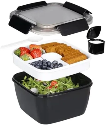 Productafbeelding van PromoHome® Lunchbox met 3 compartimenten en dressingbakje - Luchtdichte saladebox voor onderweg, zwart, 17x17x9 cm