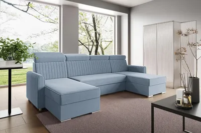 Produktbild von LIKMA Himmelblau Ecksofa Neli U-Form 274x162 cm mit Schlaffunktion (254x125 cm) Eckcouch mit Bettkasten und Verstellbare Kopfstützen Wohnlandschaft Bettsofa mit 2x Stauraum Polstermöbel Sofa