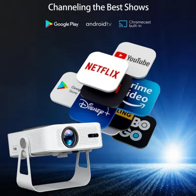 A white projector is shown in the foreground, with various streaming service logos floating above it.