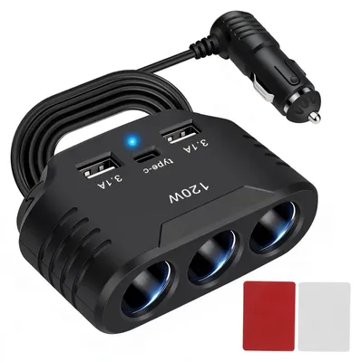 Obrázek produktu pro Zapalovač do auta 12V/24V s 3 zásuvkami a rychlonabíjecí adaptér USB-C