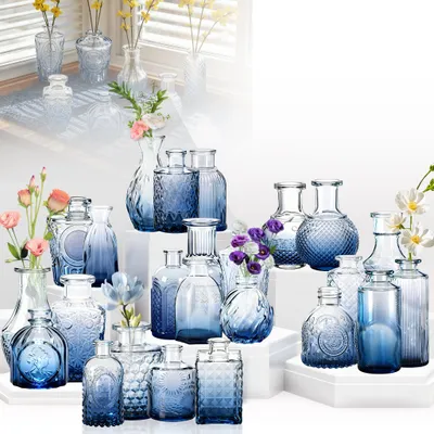 Produktbild von XINZI 24pcs Mini Vasen aus Glas, Kleine Vintage Blumenvasen für Tischdeko, Hochzeitsdeko, Knospenvasen, Vase Set für Party, Event, Wohnraum Dekoration, Verlauf Blau