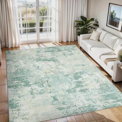 Image de Tapis abstrait pour salon, 200x290 cm, à poils courts, lavable, couleur verte