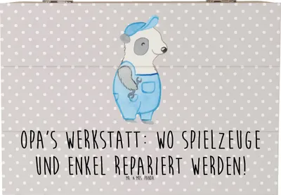 Produktbild von Mr. & Mrs. Panda Box aus Holz Großeltern Werkstatt 22 x 15 cm - Grau Pastell - Geschenk, Holztruhe, Generationen, herzerwärmende Sprüche, fotobox, Reparatur, Truhe