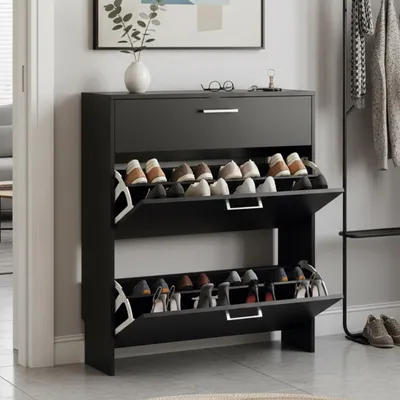 Produktbild von FCH Schuhschrank mit 2 Klappen, Schuhregal mit Schubladen, 80x24x94cm, Schwarz