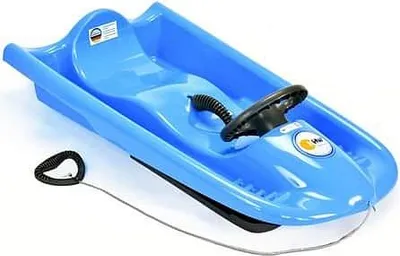 A blue plastic sled with a steering wheel and a rope.