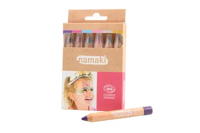 A box of Namaki organic face paint crayons with a child's face painted in the foreground.