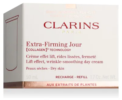 Imagen del producto de Crema facial reafirmante de Clarins para piel seca, recambio. Crema de día, para mujeres, piel seca, rostro. Iluminadora, reafirmante, revitalizante, nutritiva, suavizante. 50 ml