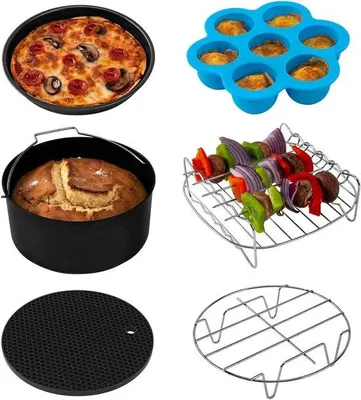 Obrázek produktu pro Sada pro fritézy bez tuku, vhodná pro všechny značky - 6 kusů, včetně formy na koláče, trouby na pizzu, kovového držáku, multifunkčního bloku s špejlemi, silikonové podložky a formy na vejce