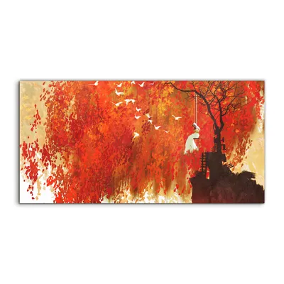 Produktbild von Coloray - Glasbild - 120x60 cm - Wandbild - Glasbilder - Frau auf einer Schaukel Herbstbaum
