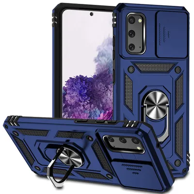 Immagine prodotto di Custodia per Samsung Galaxy S20 a doppio strato con copertura scorrevole della fotocamera e supporto ad anello blu