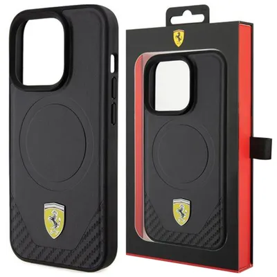 Produktbild von Ferrari PolyurethanLeather Bottom Carbon MagSafe Case für iPhone 15 Pro schwarz