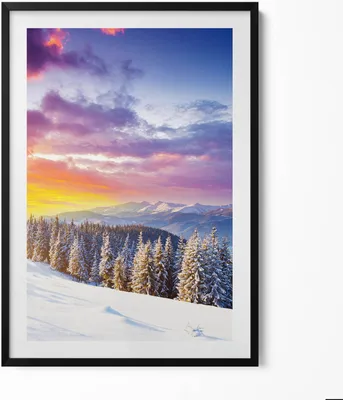 Produktbild von Winterliche Berglandschaft– Wandbild mit Rahmen – Gerahmtes Bild  – Wanddekoration – 70x100 cm –  Schwarz Rahmen
