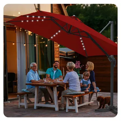 Zdjęcie produktu dla Obrótny parasol ogrodowy o wymiarach 300x300 cm, w kolorze czerwonym, z oświetleniem LED zasilanym energią słoneczną i ochroną UV50+