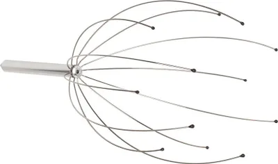 A metal head massager with multiple flexible metal prongs extending from a silver handle.
