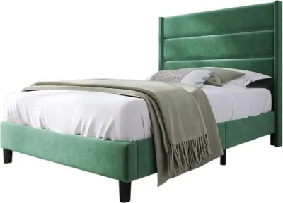 Produktbild von Polsterbett mit Kopfteil und Lattenrost, 90x200 cm, Einzelbett, Bezug aus Samt, Jugendbett, Kinderbett, grün