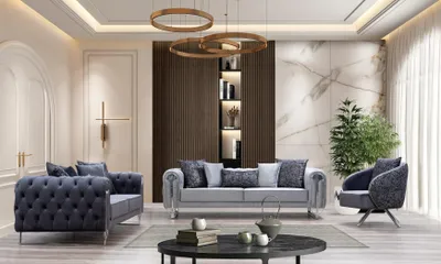 Produktbild von Moderne Wohnzimmer Möbel Designer Textil Chesterfield Sofas Sessel Set