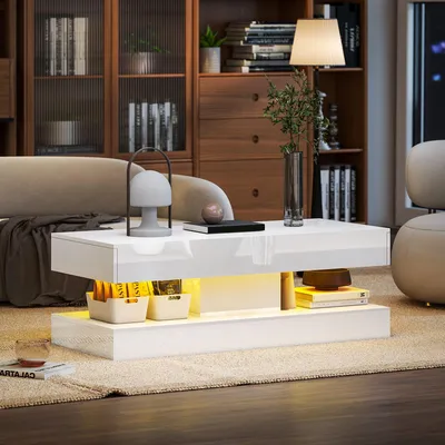 Produktbild von Couchtisch mit LED-Beleuchtung & 2 Schubladen, Sofatisch Wohnzimmertisch, Spanplatte Hochglanz, Weiß | 120x50x42 cm | 12 Farben Fernbedienung | 24 kg
