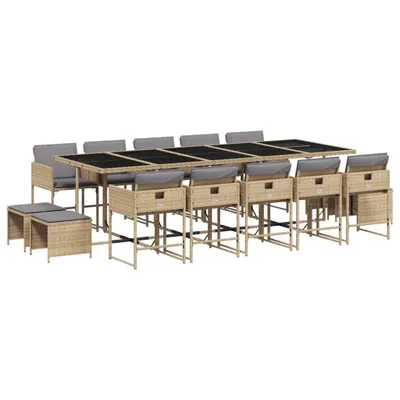 Produktbild von 15-tlg. Garten-Essgruppe mit Kissen Beigemischung Poly Rattan