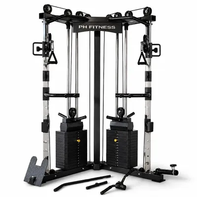 Image de PH Fitness Entraîneur fonctionnel 160 kg - Double pile de poids 80 kg - Tire-câble d'angle avec mine terrestre, barre de traction, accessoires - Power Squat Rack Cage