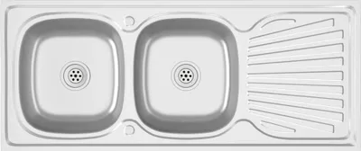 A top-down view of a stainless steel double sink with a draining board.