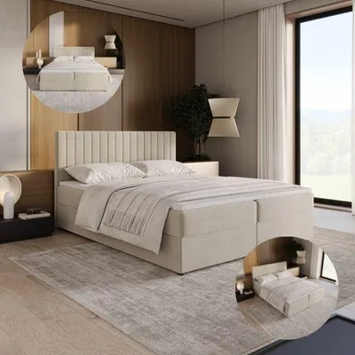 Image de Lit boxspring ALVETTO 160x200 avec tiroirs de rangement, matelas et surmatelas offerts, ensemble complet, lit capitonné - Beige (Rivera 15)