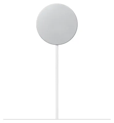 A white wireless charger with a white cable against a white background.