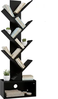 Obrázok produktu pre Knižnica Relaxdays, 6 políc, rozmery: 113 x 38 x 20 cm, motív stromu, knihy a CD, s úložným priestorom, knižnica do obývačky, čierna
