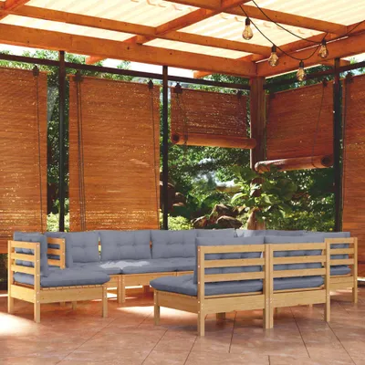 Produktbild von Möbel 9-tlg. Garten-Lounge-Set mit Grauen Kissen Kiefer Massivholz - Gartenmöbelgarnituren 3096742