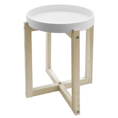Obrázok produktu pre Drevený okrúhly stolík s doskou v tvare tácu 30 cm – biely – dekoratívny stolík na kvety s prírodným X-rámom