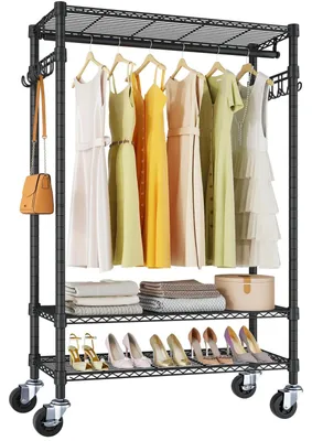 Image de Étagère mobile pour vêtements avec 3 niveaux et roulettes, noire