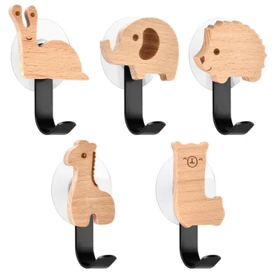 Immagine prodotto di Ganci per appendiabiti a forma di animali, in legno, adesivi, set da 5 pezzi