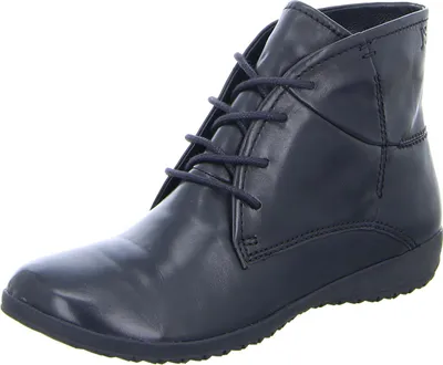A single black leather boot with laces against a white background.