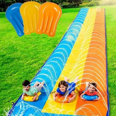 Produktbild von Aufblasbare Dreifach-Wasserrutsche 6,85 m mit 3 Bodyboards Kinder Erwachsene Gartenrutsche Sommer Wasserspielzeug
