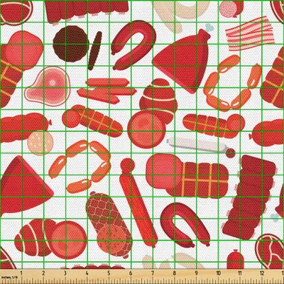 Produktbild von ABAKUHAUS Speck Gewebe als Meterware, Appetitlich lecker Bauernhof Fleisch und Wurst-Muster mit Rindfleisch Steaks Schweinerippchen und Schinken, 10 M (148 x 1000 cm), Mehrfarbig