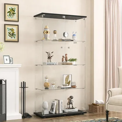 Immagine prodotto di Vetrina espositiva, dimensioni 164x80x36 cm, colore nero, 4 ripiani in vetro, con serratura
