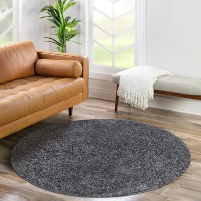 Produktbild von Shaggy Hochflor Teppich Wohnzimmer - Rund 120 cm - Anthrazit - Einfarbige Schlafzimmer-Teppiche