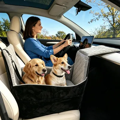Produktbild von Erhöhter Autositz für kleine Hunde bis 16 kg mit Sicherheitsgurten und Taschen