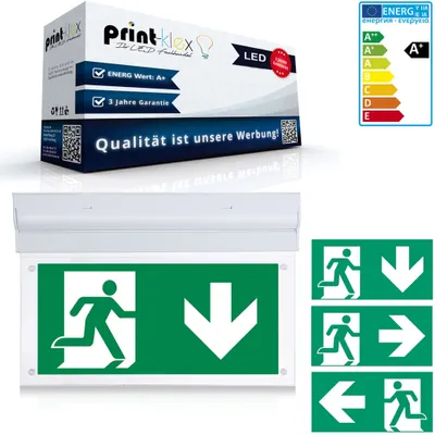 Produktbild von LED Notleuchte 2W Aufputz 6000K - Kaltweiß Notausgangsleuchte Leuchtschild Decke Wand inklusive Piktogramme - Pfeil Links Rechts Unten