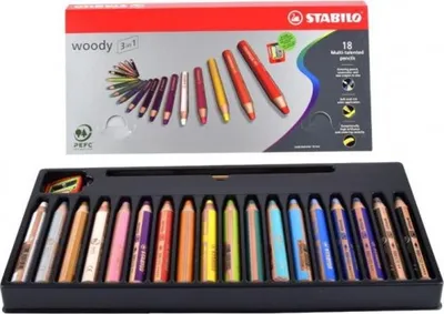 Image de Crayon de couleur, aquarelle & craie de cire - STABILO woody 3 en 1 - Pack de 18 avec taille-crayon - avec 18 couleurs différentes